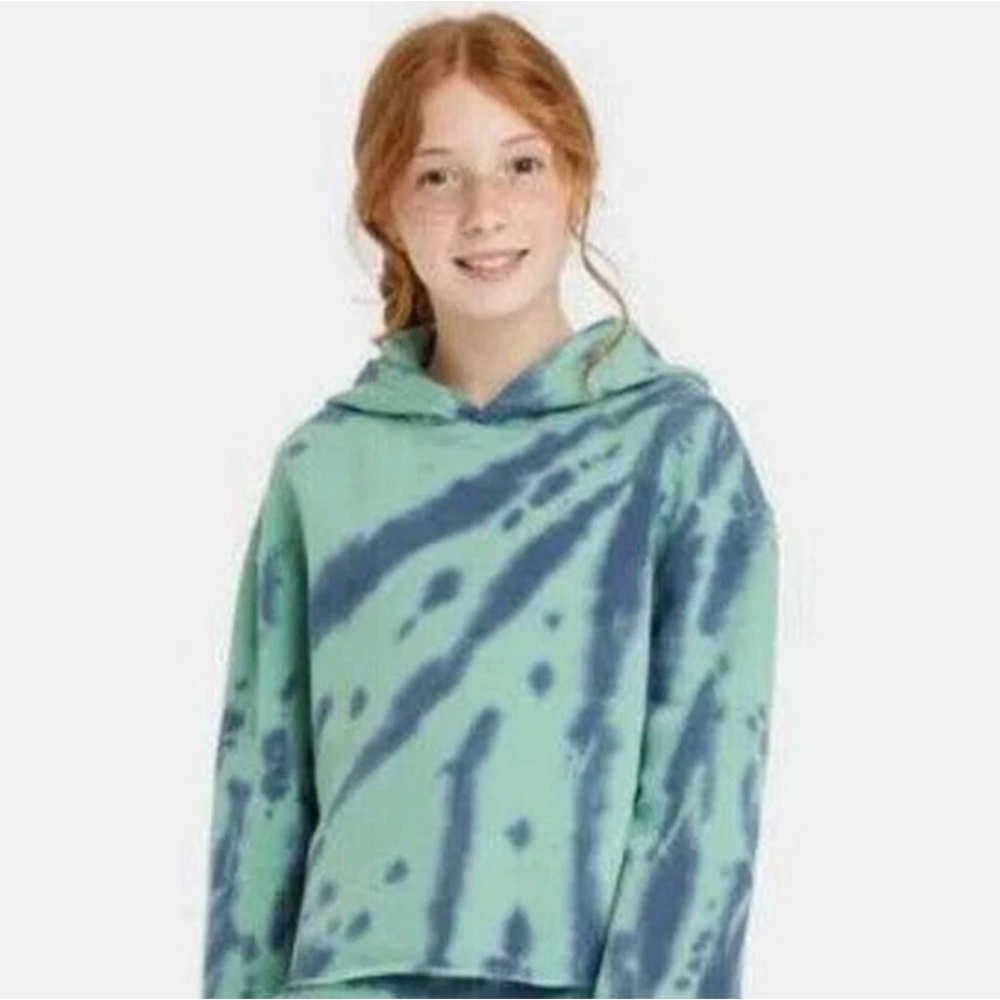 Kid's Fleece Sweatshirt Raw Edge Boxy Hoodie - Green Tie Die - Art Class L 10/12